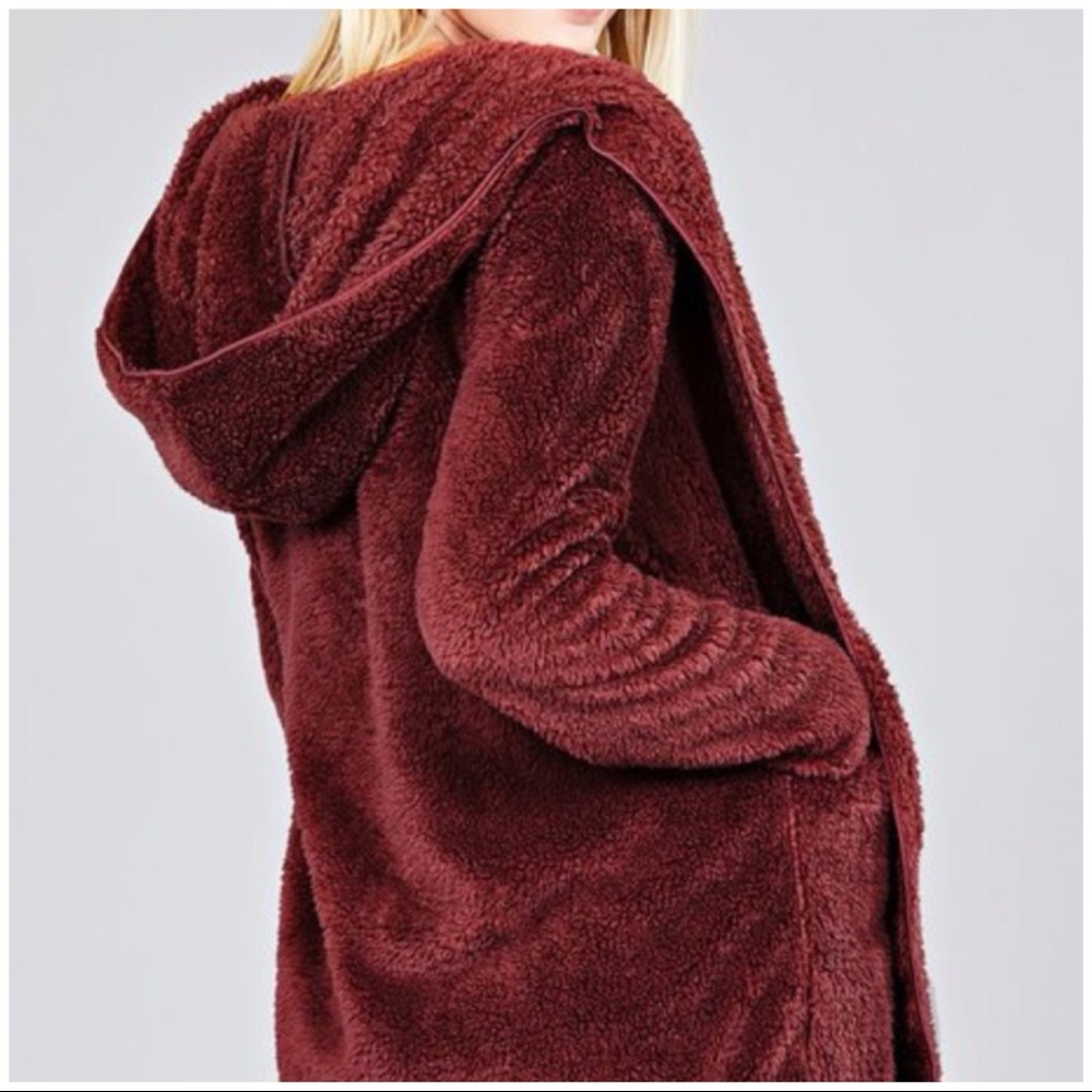 Burgundy OPEN FRONT FAUX FUR JACKET- Hoodie - Picture 2 of 4